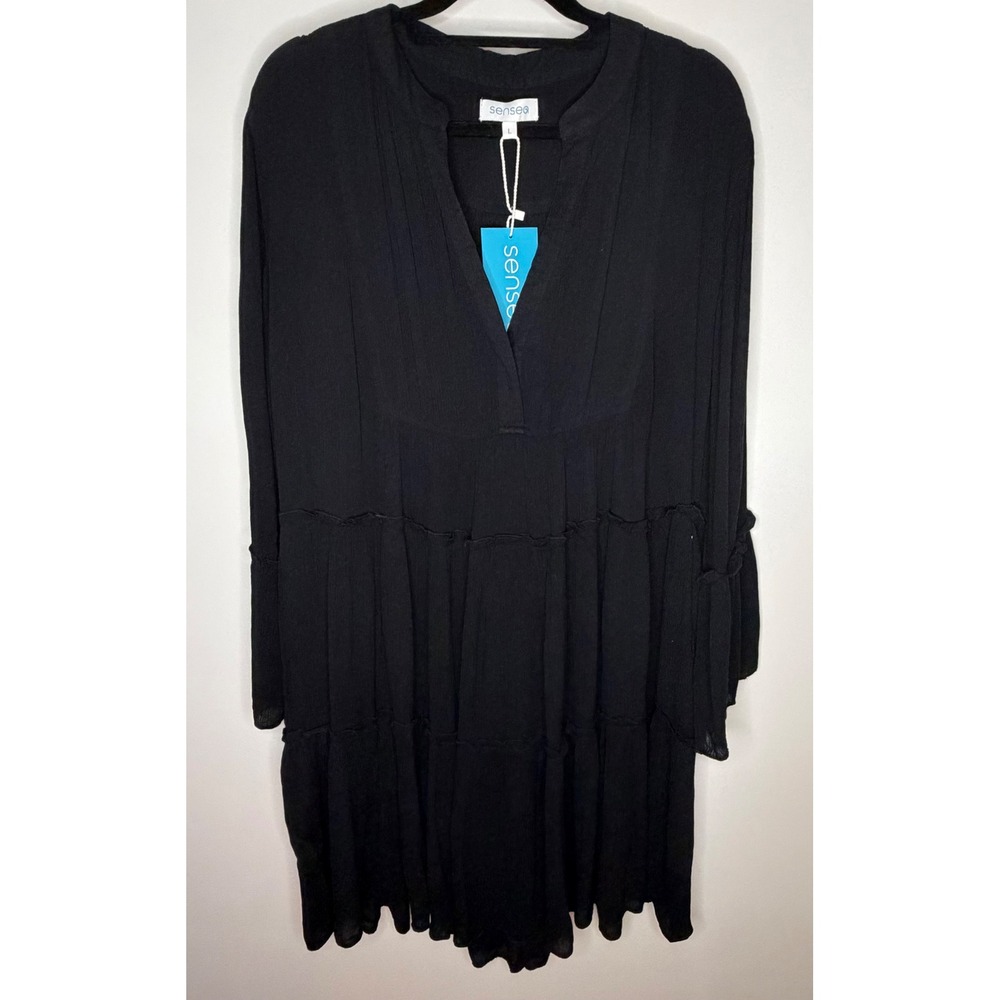 Sensea Black Tiered Mini Dress Long Sleeve Crinkle Gauze Rayon L NWT